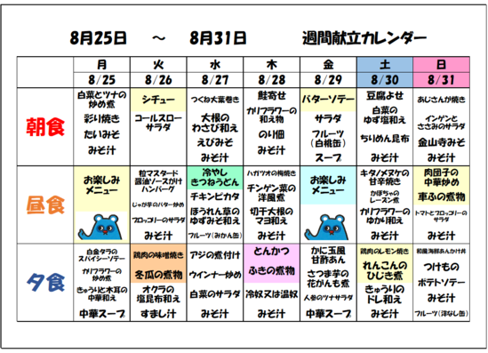 来週のメニュー（8/２５～8/３１）